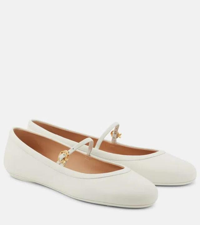 GIANVITO ROSSI Carla Leather Mary Jane Ballet Flats In White Product Image