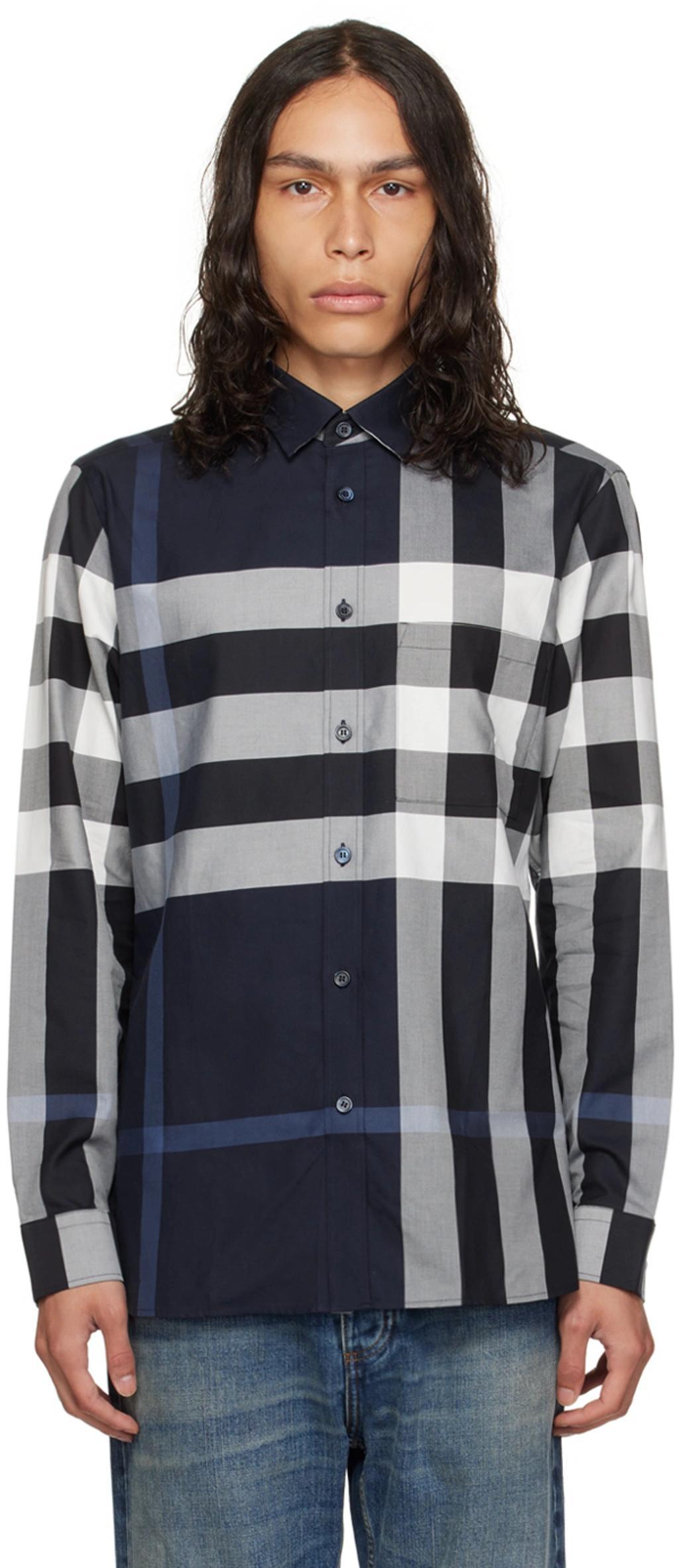 Check-print Cotton Shirt In White Blue Check Product Image