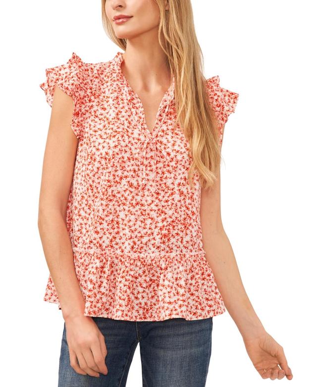 CeCe Womens Printed Ruffle Trimmed Tie-Neck Blouse Product Image