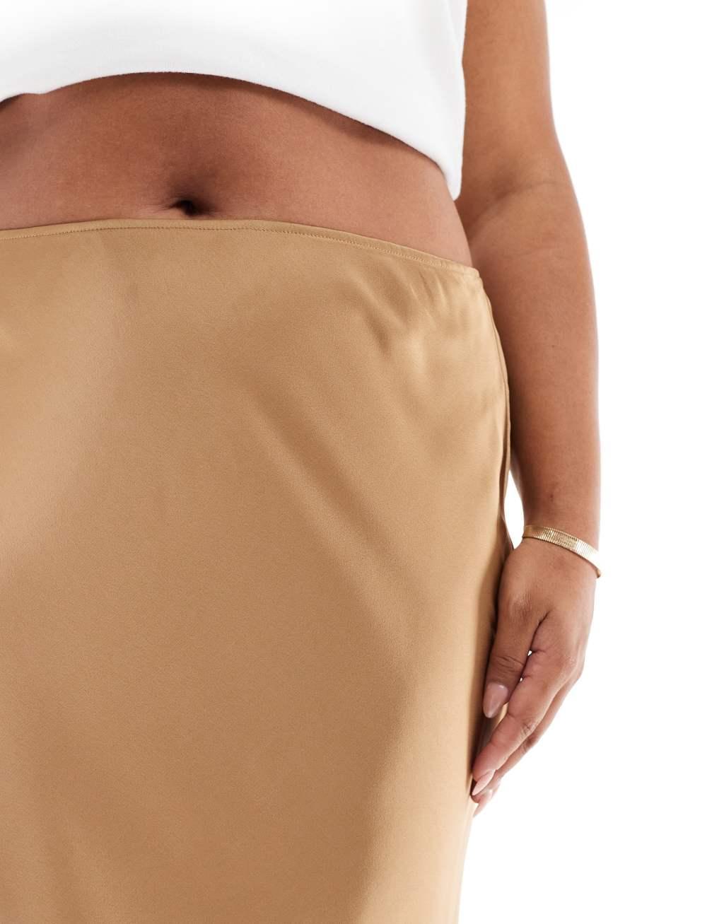 ASOS DESIGN Curve satin bias cut midi skirt in taupe Product Image