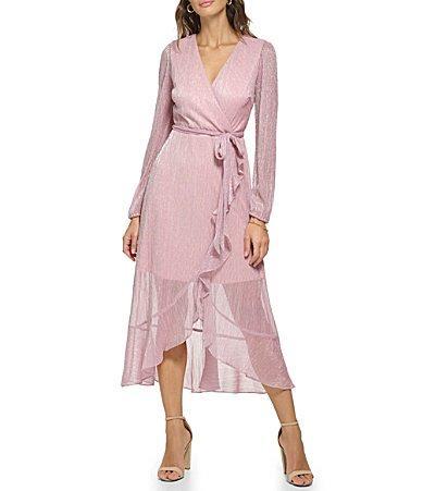 Kensie Metallic Faux Wrap Long Sleeve Crinkle Knit Sheer Overlay Surplice V-Neck Ruffle Hem Midi Dress Product Image