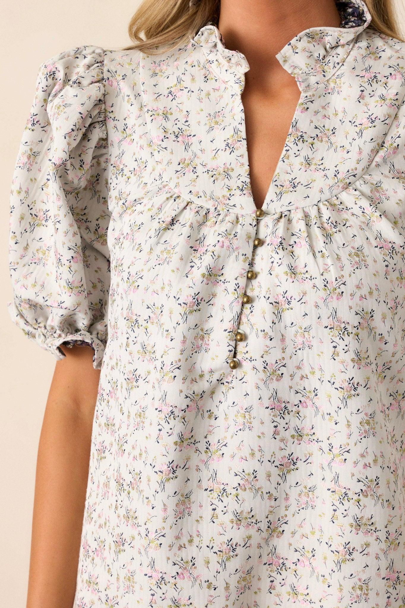 Open Path Almond Floral Puff Sleeve Mini Dress Product Image