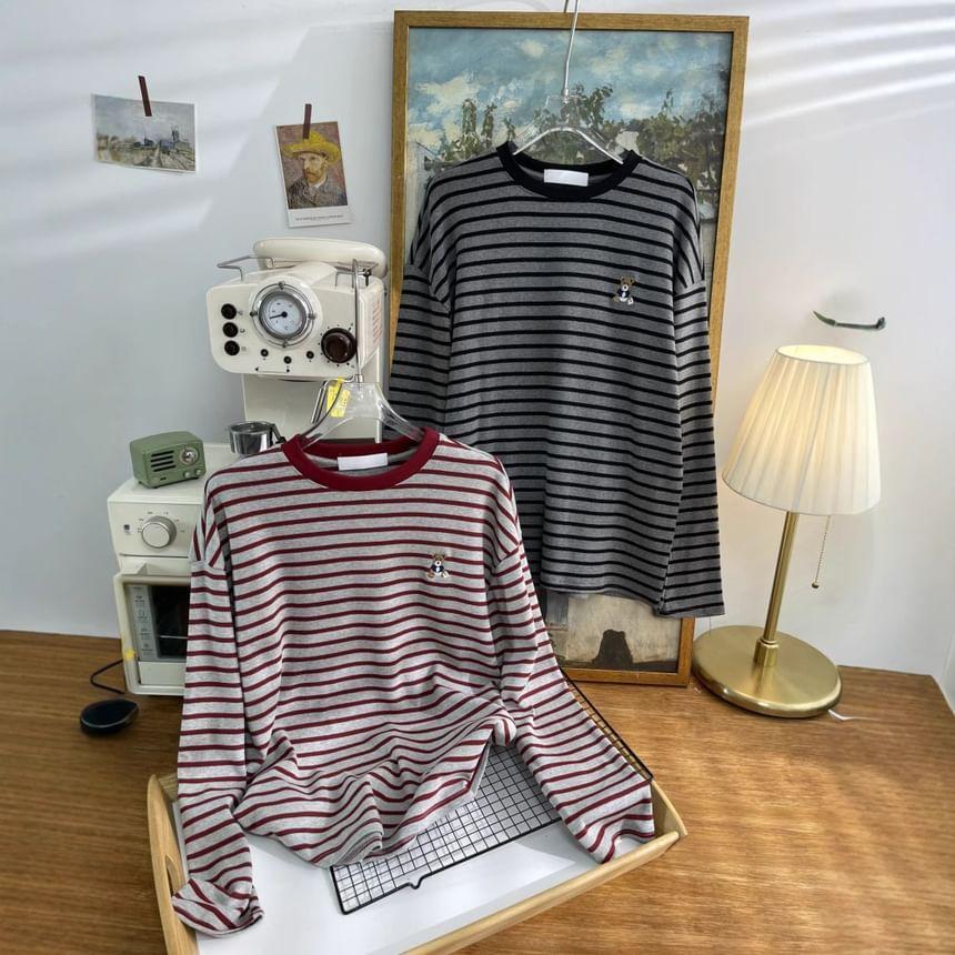 Long Sleeve Drop Shoulder Round Neck Striped Tee Product Image