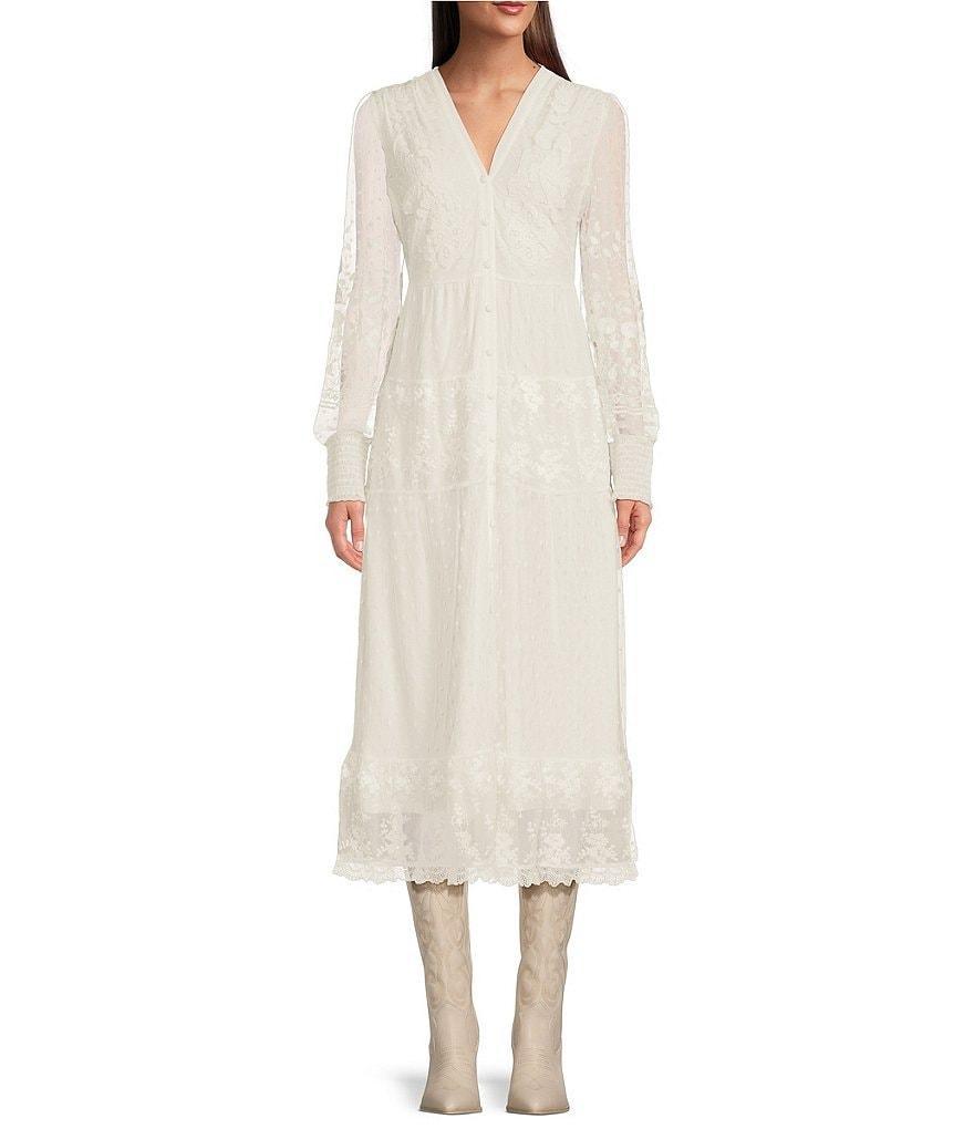 Reba Embroidered Mesh Lace Button Front Tiered Midi Dress Product Image