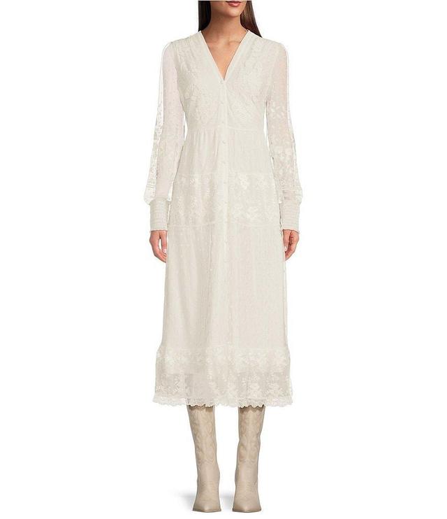 Reba Embroidered Mesh Lace Button Front Tiered Midi Dress Product Image