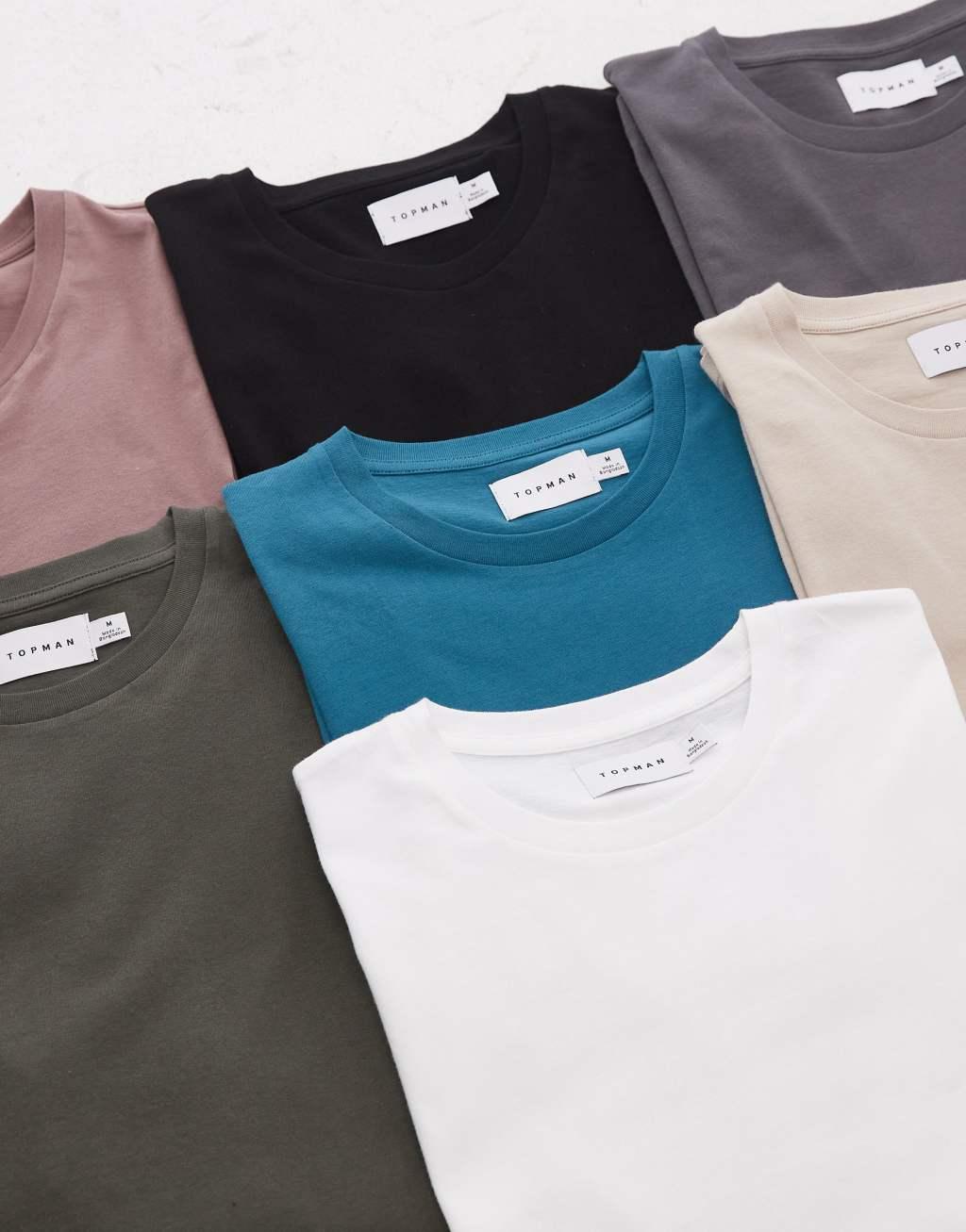 Topman 7 pack classic T-shirt in black, white, stone, mink, gray, khaki and teal Product Image