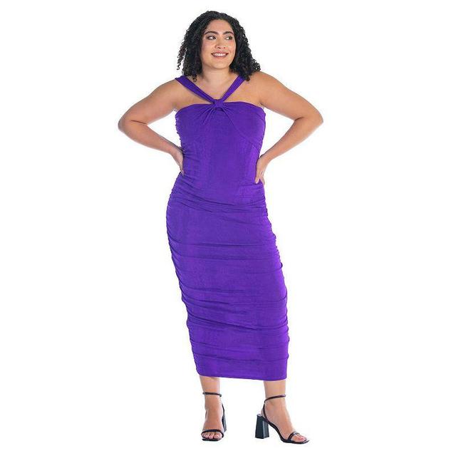 Plus Size 24Seven Comfort Apparel Halter Cross Neck Ruched Bodycon Midi Dress, Womens Product Image