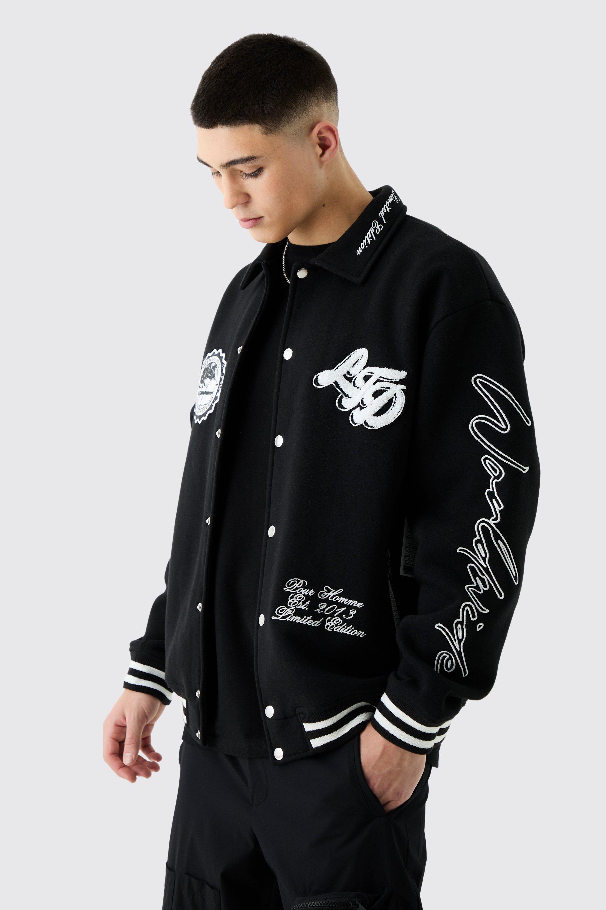 Oversized Embroidered Harrington Jersey Bomber Jacket | boohooMAN USA product image