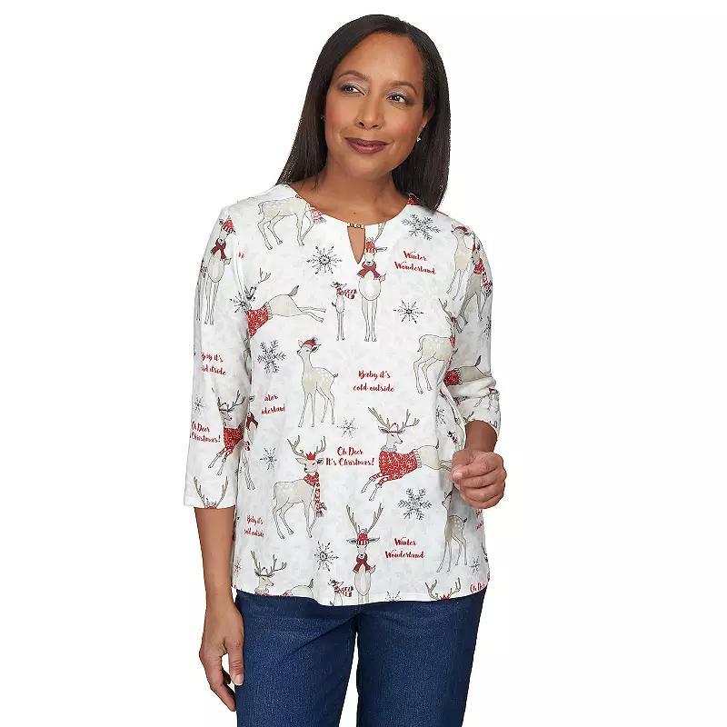 Petite Alfred Dunner Classic Deer Split Neck Top, Womens Product Image