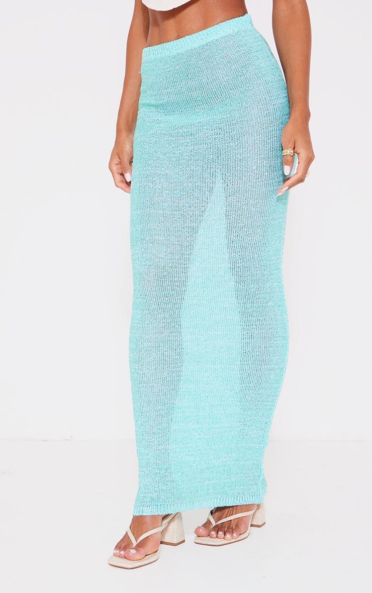 Turquoise Sequin Knit Side Split Maxi Skirt Product Image