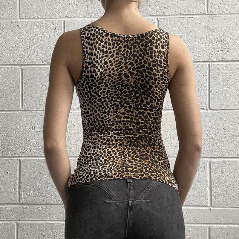 V-Neck Lace Panel Leopard Print Slim-Fit Cami Top Product Image