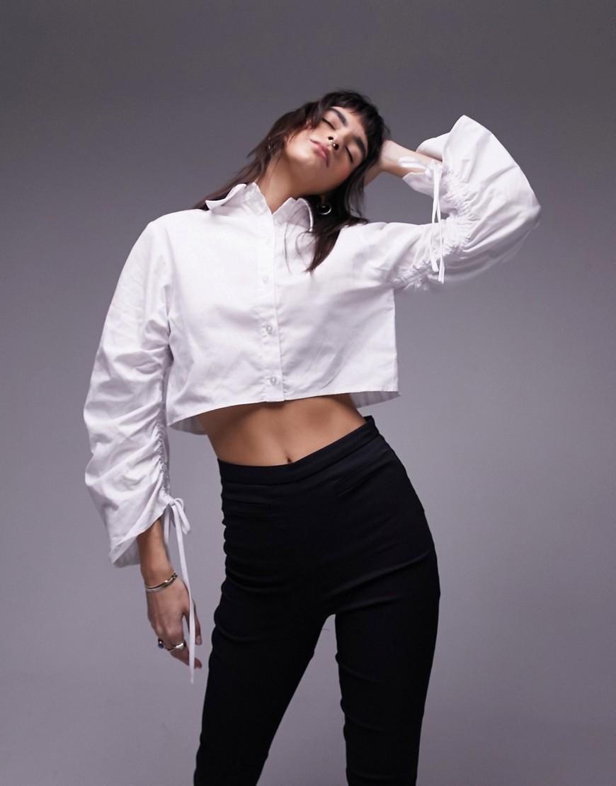 Topshop ruched sleeve poplin crop shirt in white Product Image