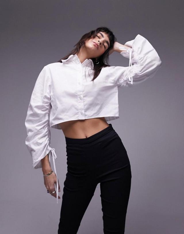 Topshop ruched sleeve poplin crop shirt in white Product Image