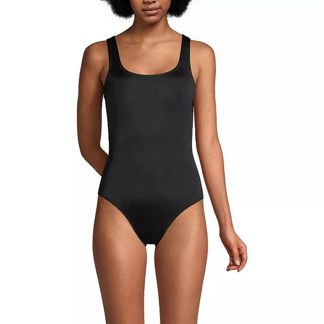 Petite Lands End Sporty High Leg Tugless One-Piece Scoopneck Swimsuit, Womens Product Image