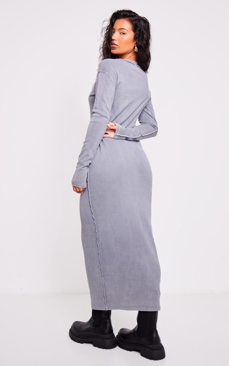 Grey Ribbed Exposed Seam Long Sleeve Maxi Dress Product Image