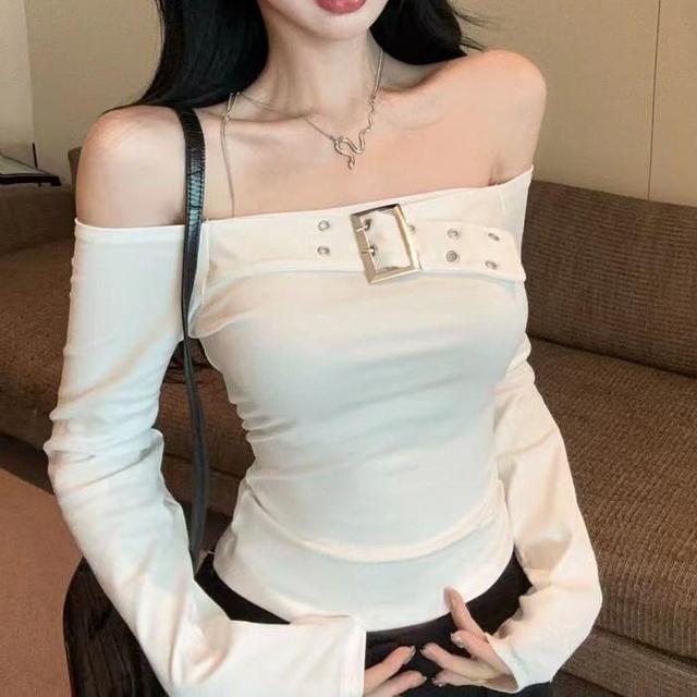 Long Sleeve Off Shoulder Plain Buckled Top Product Image