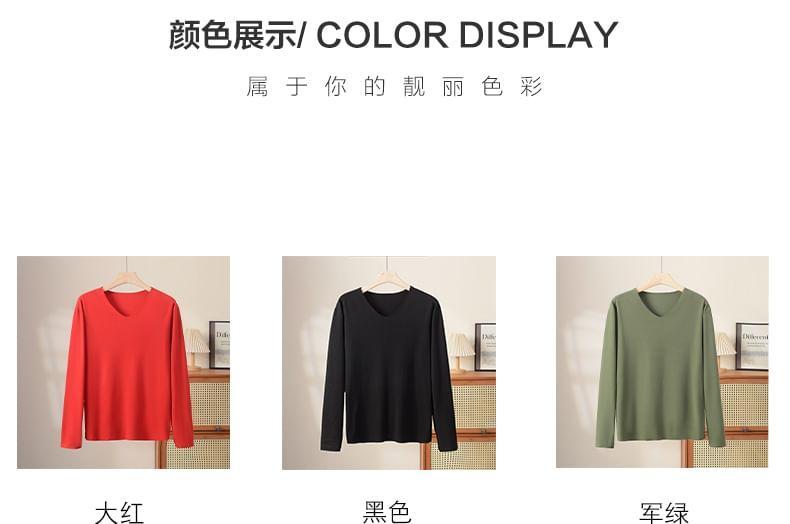 Long-Sleeve V-Neck Plain T-Shirt Product Image