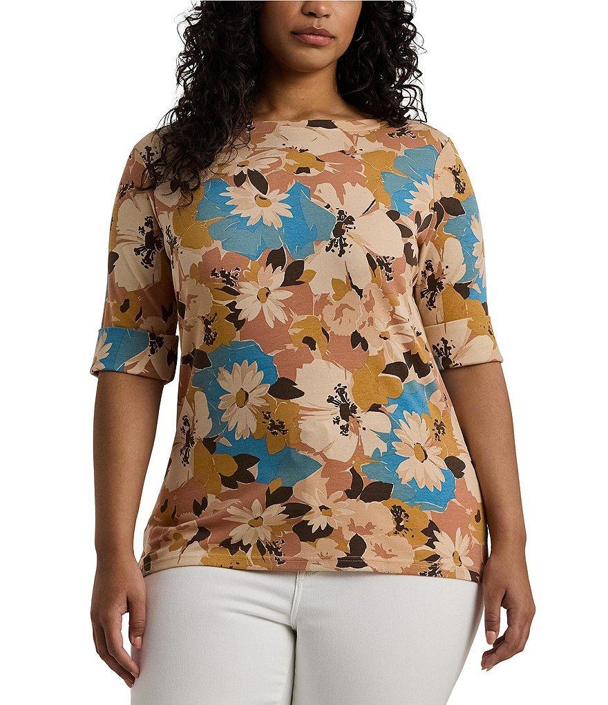 Lauren Ralph Lauren Plus Size Knit Floral Boat Neck Elbow Length Sleeve Tee Shirt product image