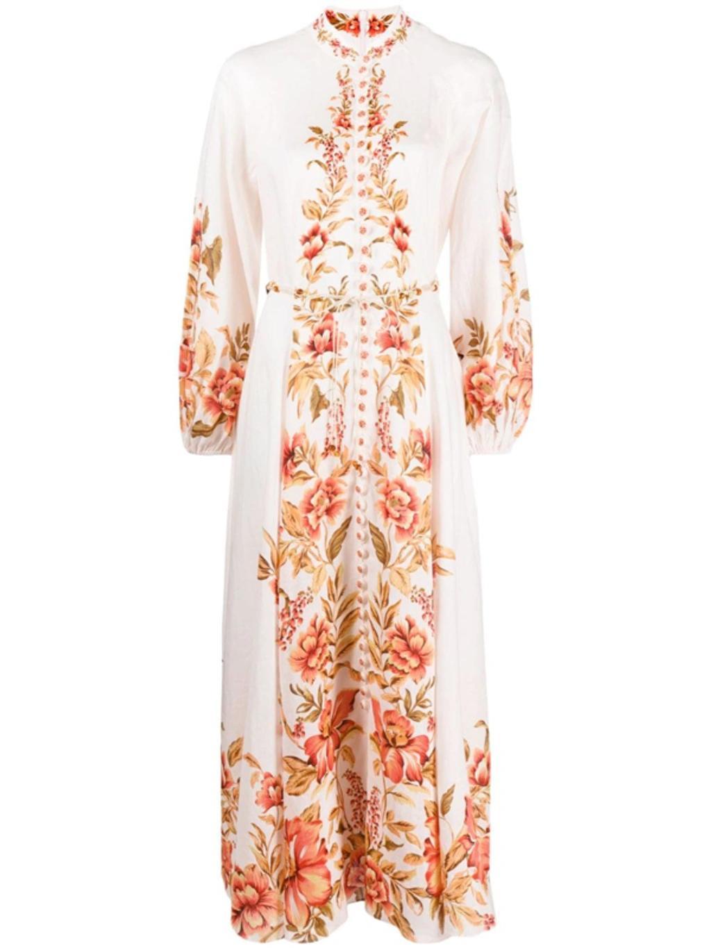 Womens Peach Floral Vacay Floral-print Ballon-sleeve Linen Midi Dress Product Image