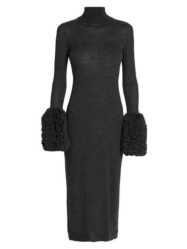 Womens Turtleneck Wool Fringe-Cuff Midi-Dress Product Image