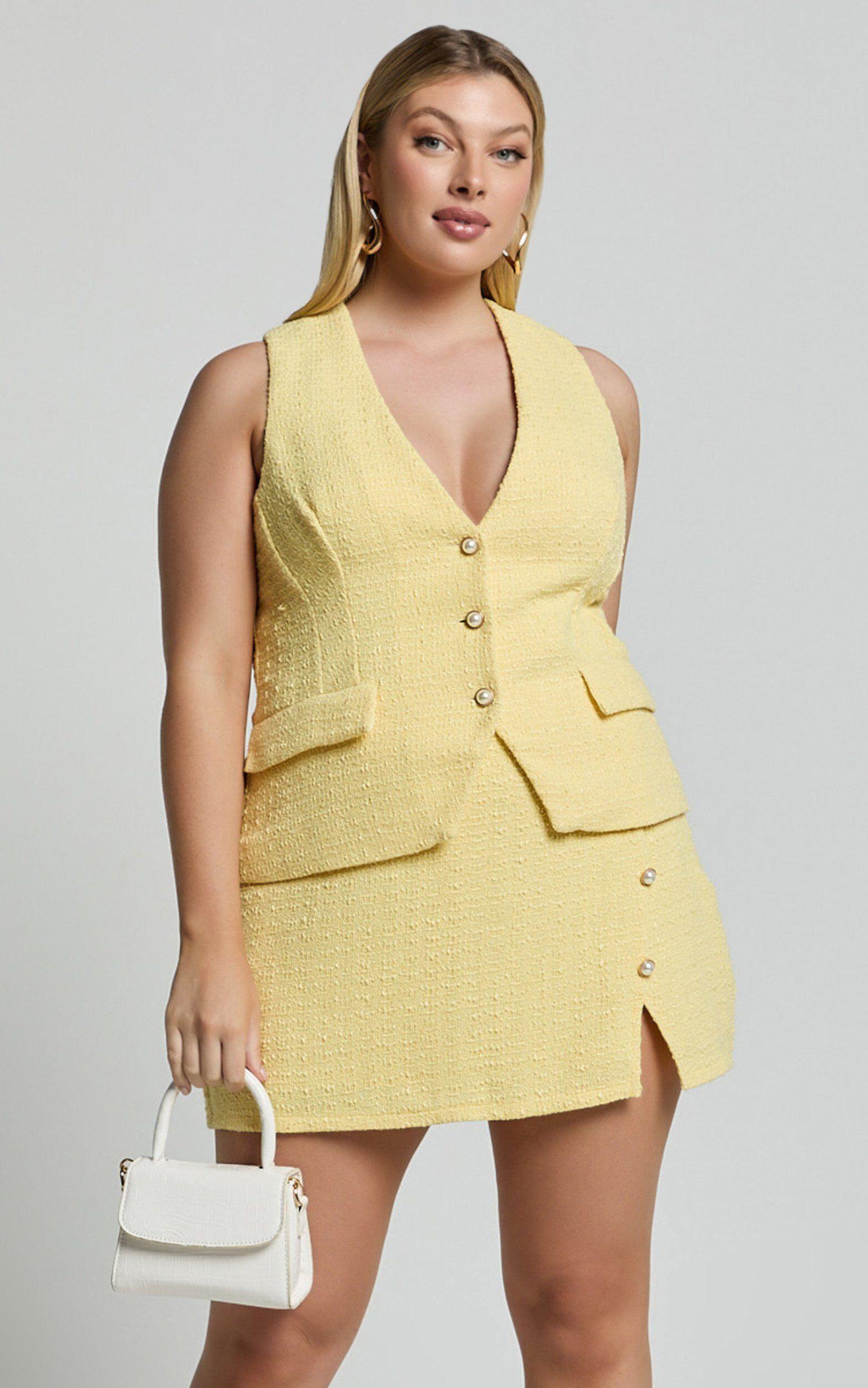 Mika Skort - Boucle Faux Wrap Pearl Button Skort in Lemon Product Image