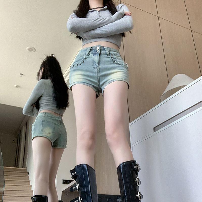 High Waist Washed Denim Shorts Product Image