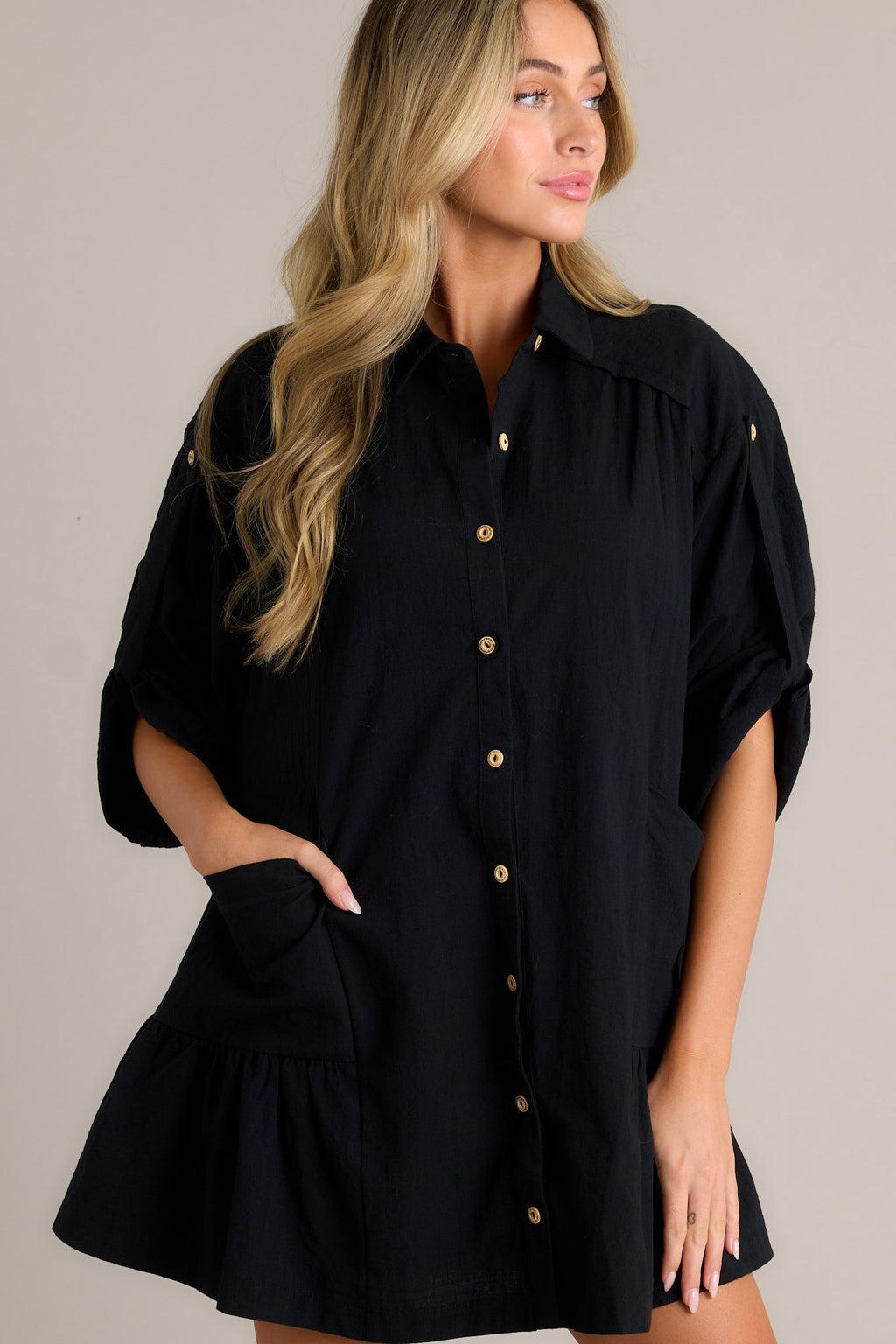 Posh Vision 100% Cotton Black Button Front Mini Dress Product Image