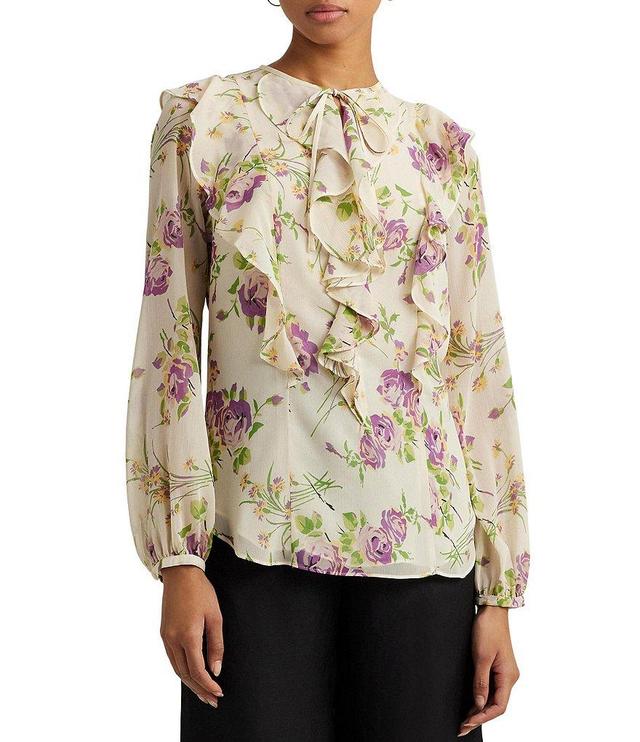 Lauren Ralph Lauren Nealcette Floral Long Blouson Sleeve Ruffle Tie Neck Blouse Product Image