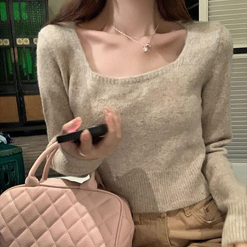 Square Neck Plain Crop Sweater  Product Image