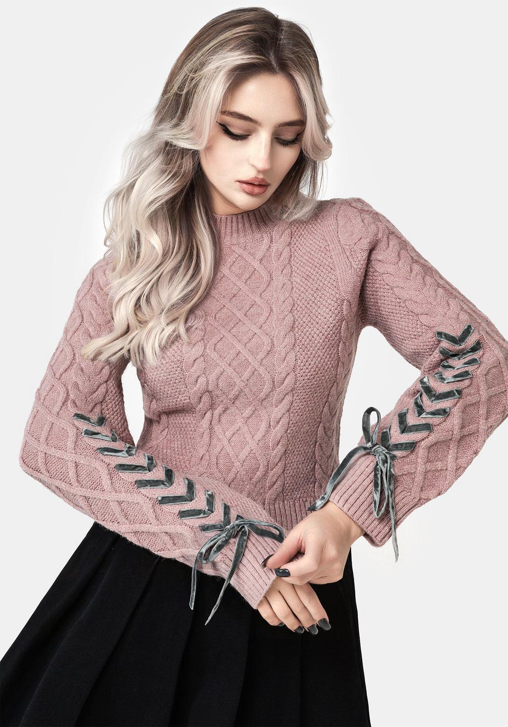 Marina Cable Knit Ribbon Lace Sweater Product Image