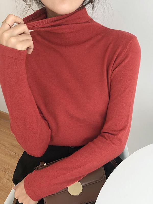 Long Sleeves Skinny Solid Color High-Neck T-Shirts Tops Product Image