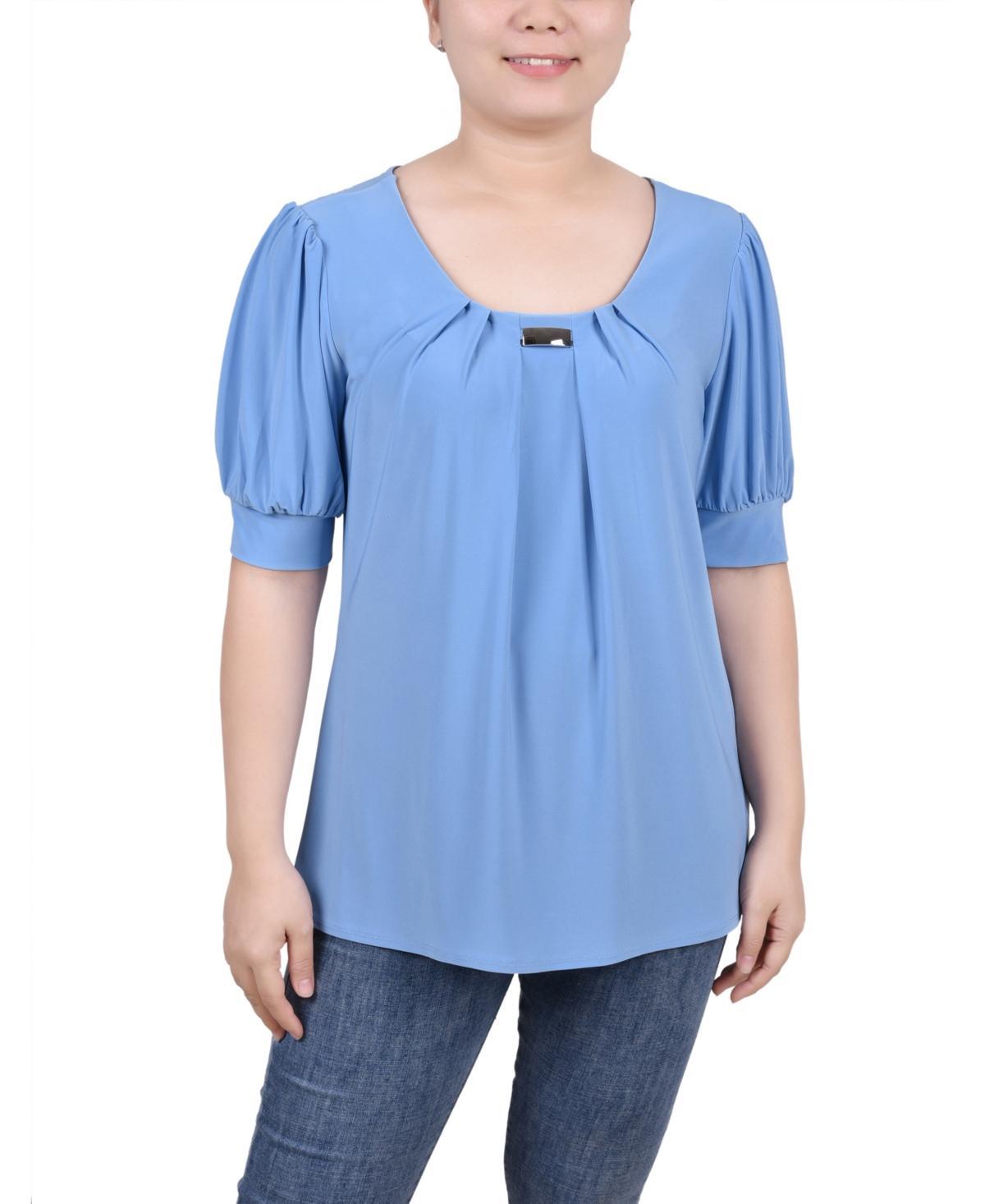 NY Collection Petite Puff Sleeve Pleated Front Blouse -BLUE Product Image