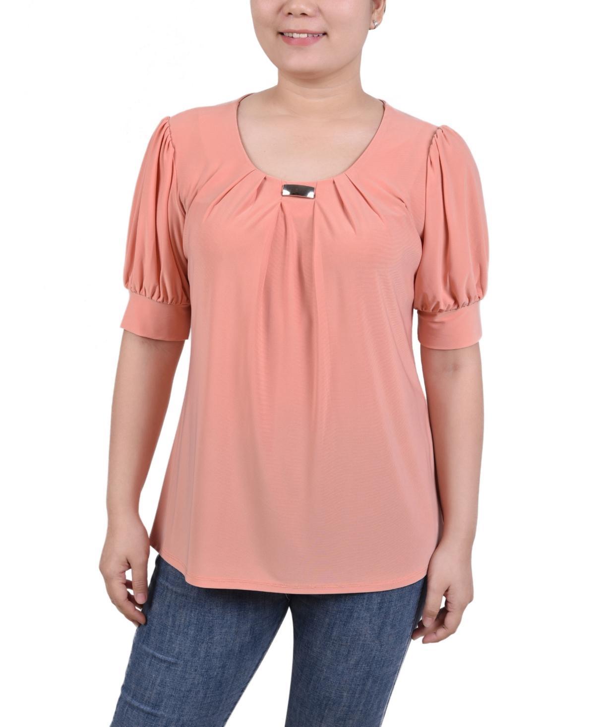 NY Collection Petite Puff Sleeve Pleated Front Blouse -BLUE Product Image