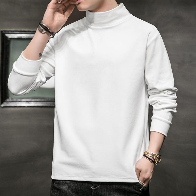 Plain Cotton Semi High-Neck Long-Sleeve Top Product Image