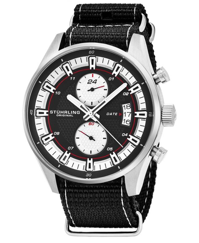 Stuhrling Original Mens Quartz, Silver Case, Silver Dial and Grey Stripped Nylon Strap Date Dual Time Watch - Black Product Image