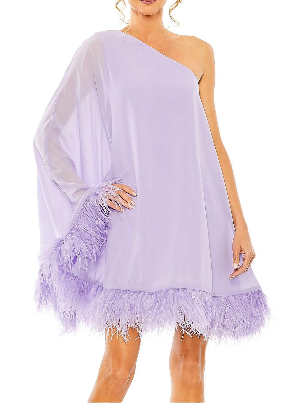 Ieena for Mac Duggal One-Shoulder Feather Trim Cocktail Minidress Product Image