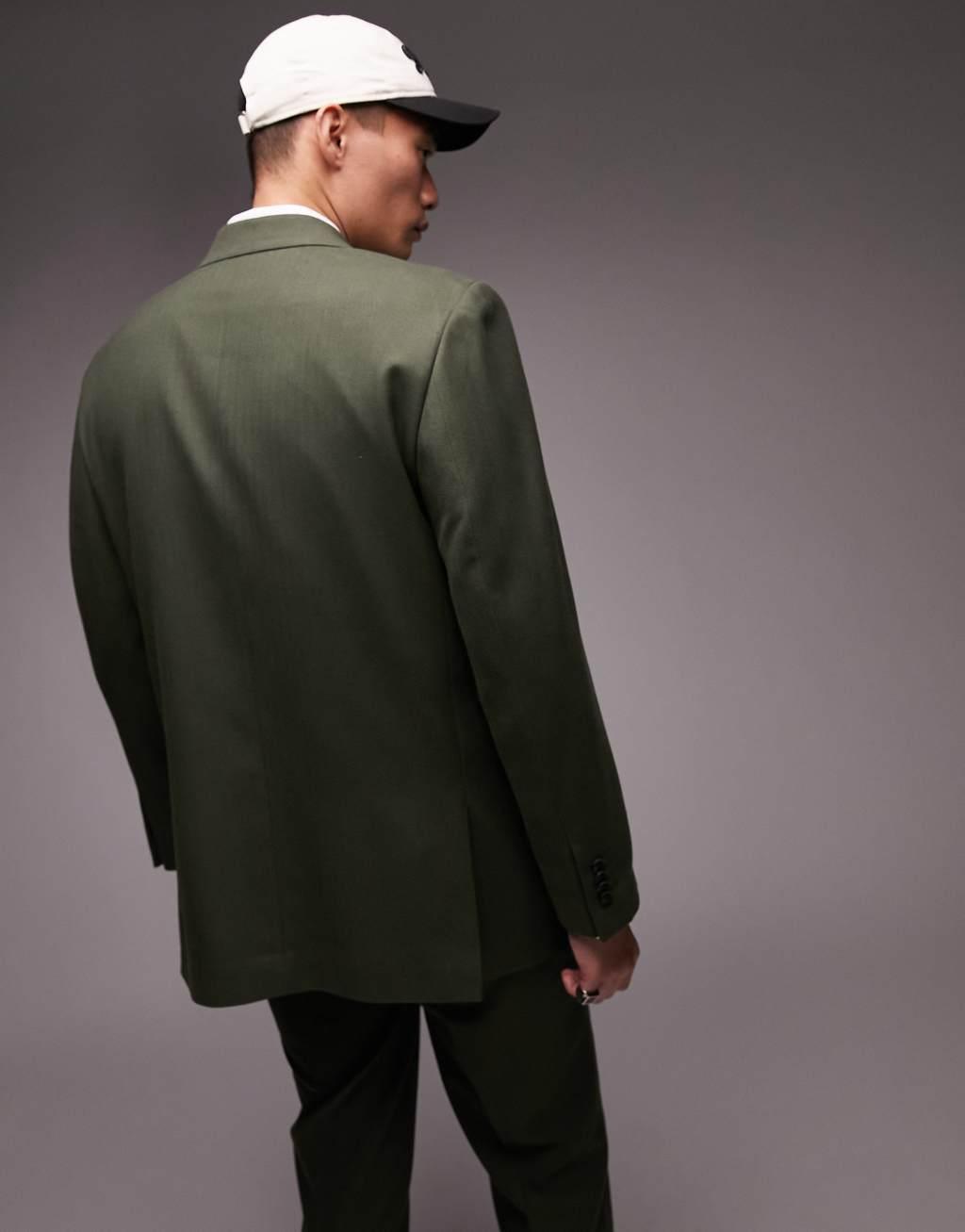 Topman double breasted six button oversized boxy warmhandle suit jacket in khaki Product Image