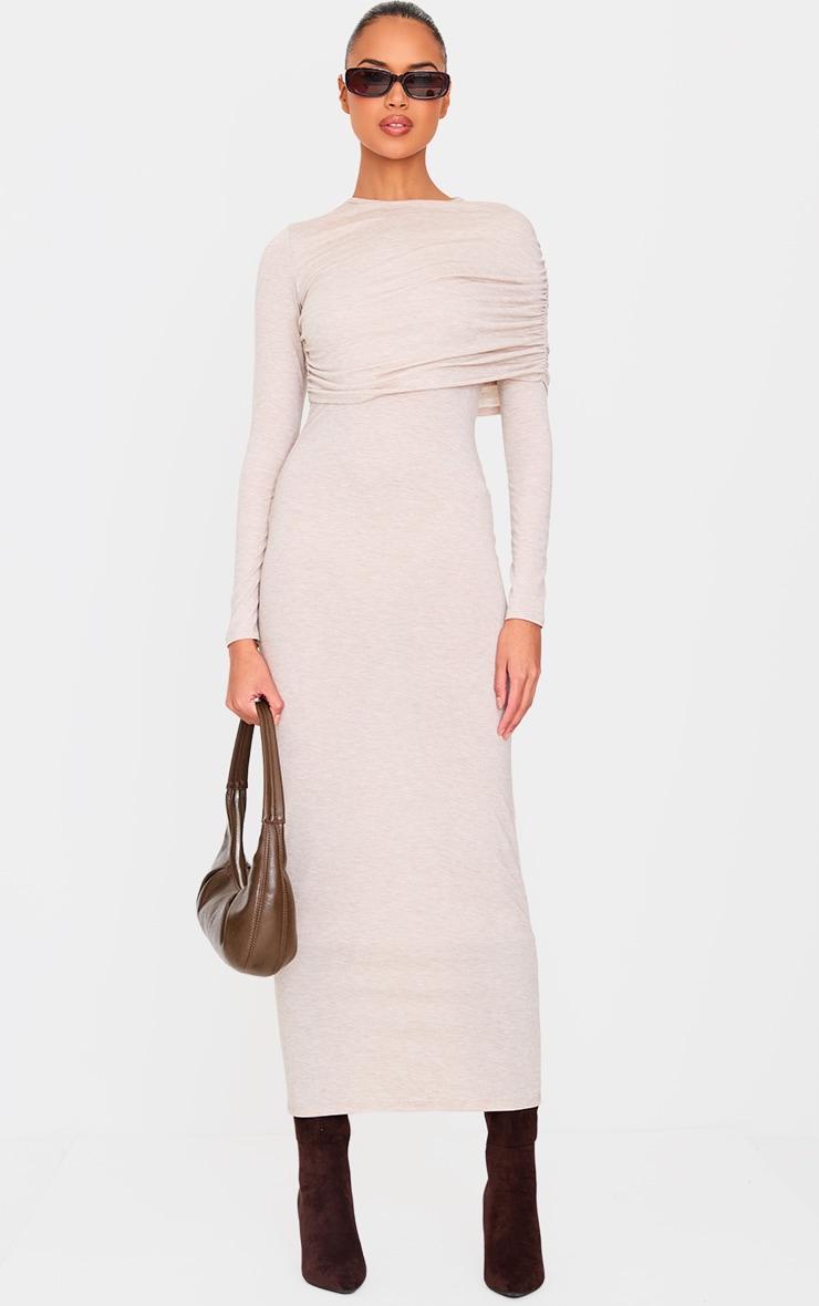 Oatmeal Ruched Overlay Long Sleeve Maxi Dress Product Image