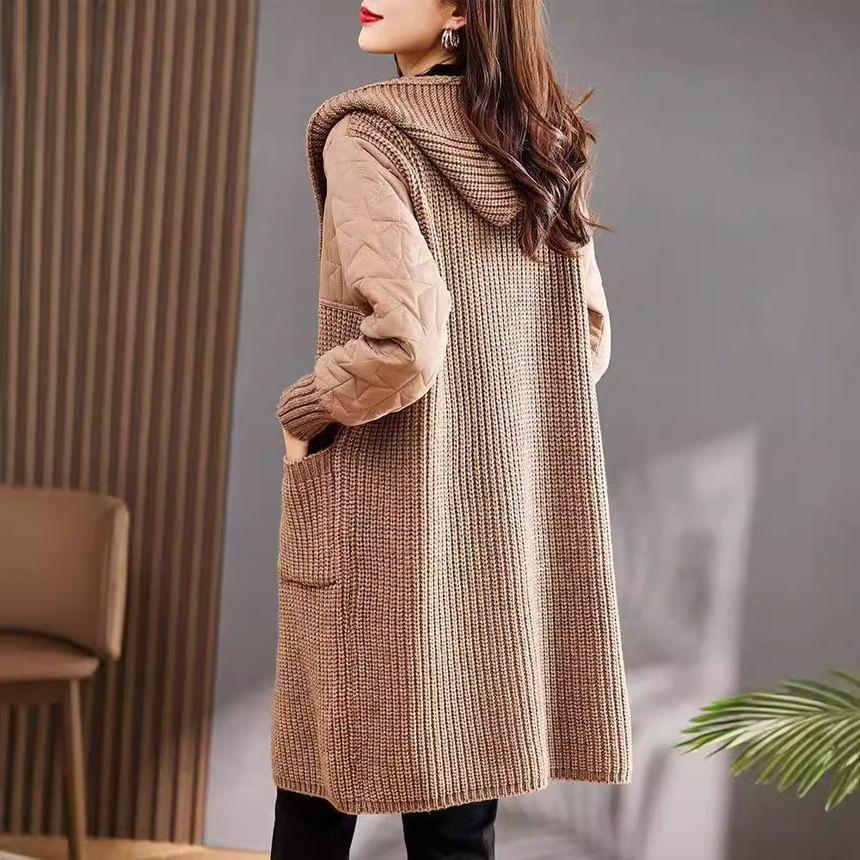 Hooded Plain Quilted Panel Long Cardigan Product Image