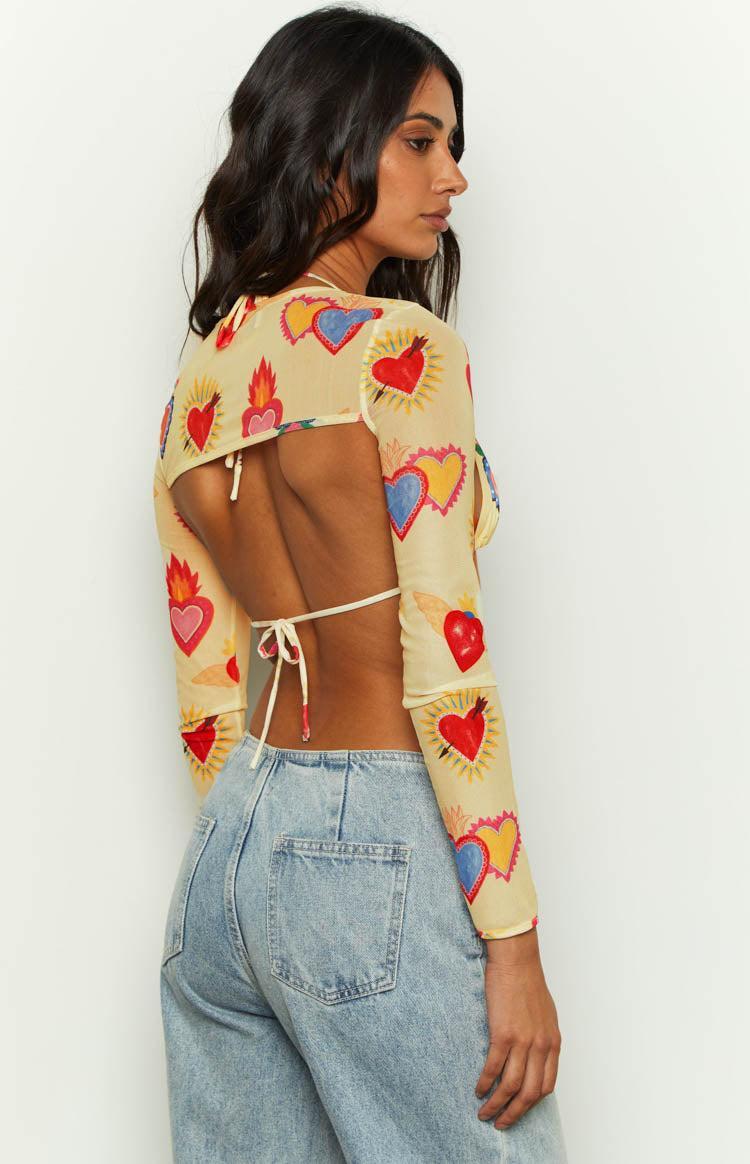 Enya Yellow Heart Printed Mesh Bra And Crop Set Product Image