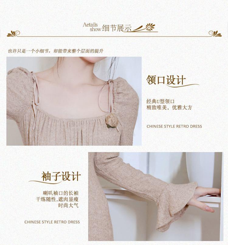 Long Sleeve Square Neck Plain Tie-Up Ruched Midi A-Line Dress / Plain Midi Open Front Cardigan Product Image