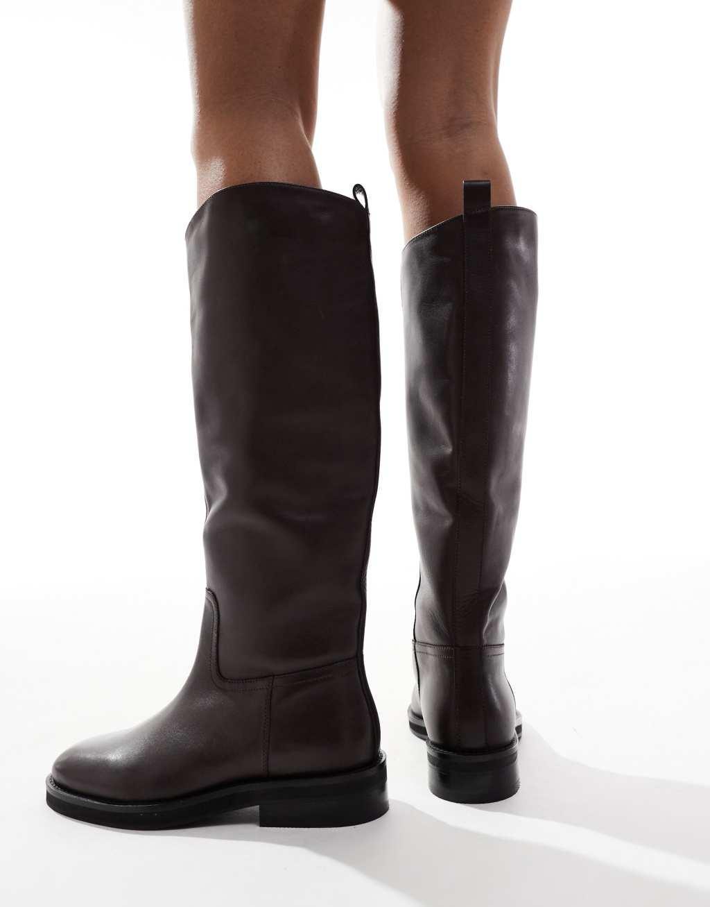 ASOS DESIGN Cheltenham smart leather knee boots in brown Product Image