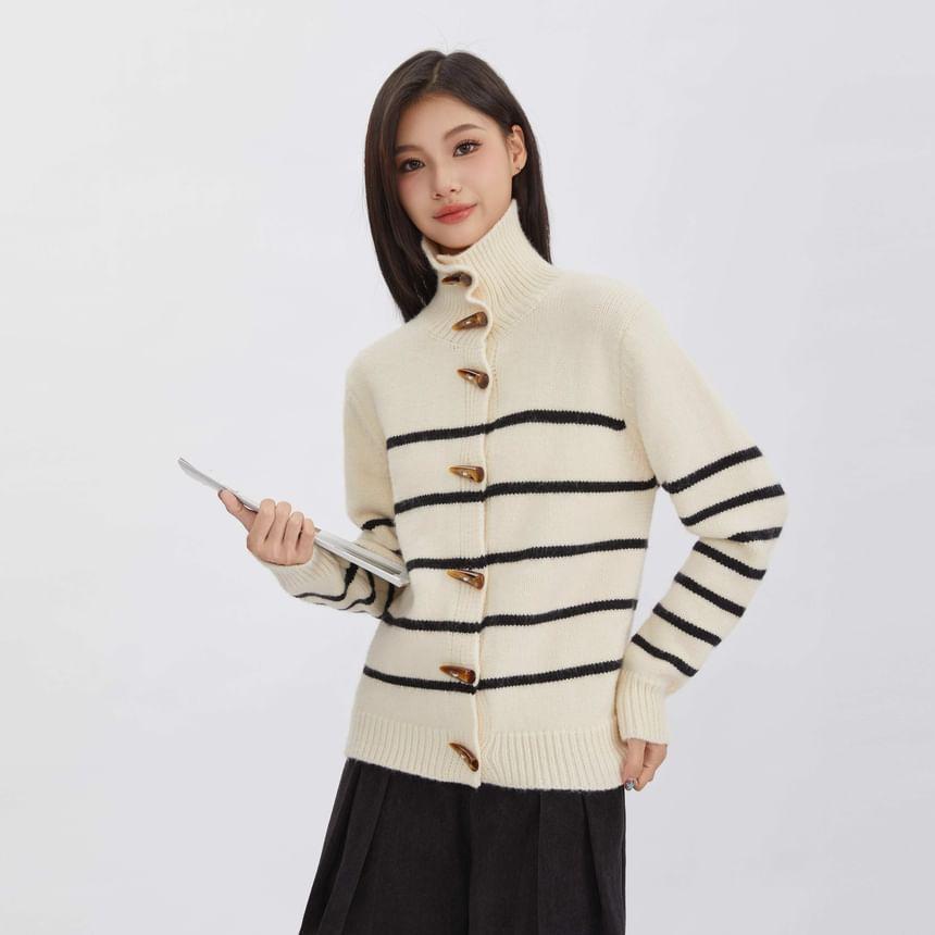 Turtleneck Striped Toggle Cardigan Product Image