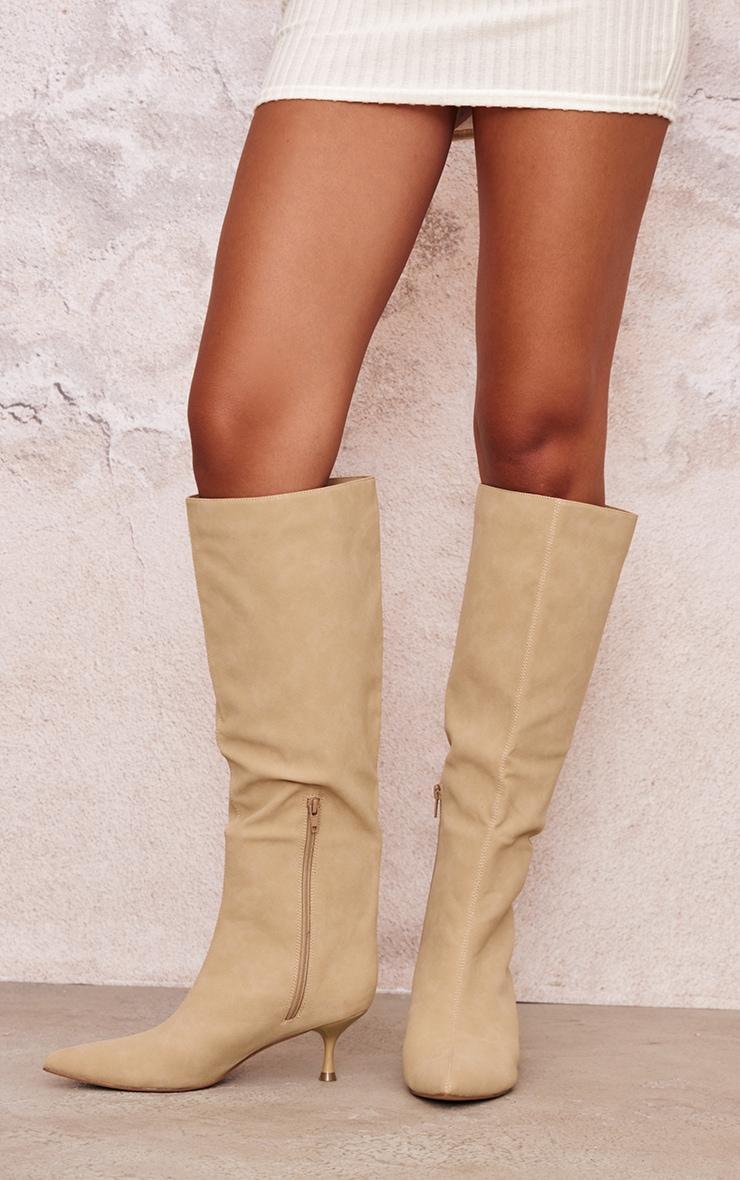 Camel Faux Nubuck Point Toe Low Heel Knee High Boots product image