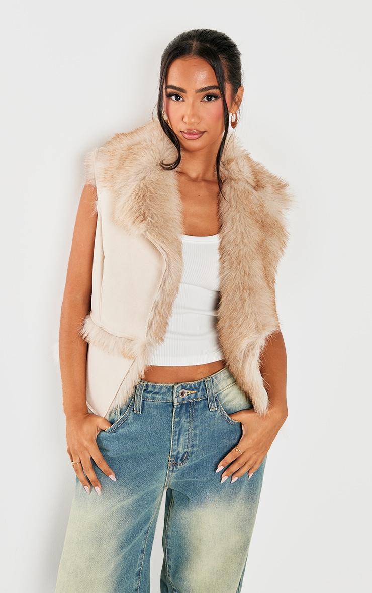 Petite Beige Faux Fur Trim Vest  Product Image