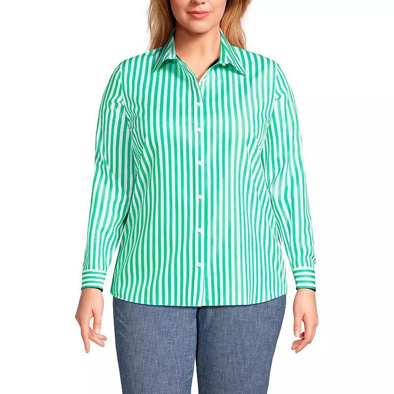 Plus Size Lands End Wrinkle-Free No Iron Button-Front Shirt, Womens Deep Blue Wildflower Product Image