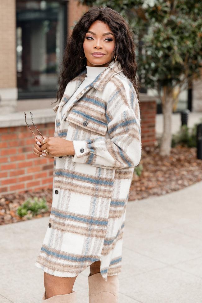 Heard About Us Blue and Tan Plaid Long Shacket Product Image