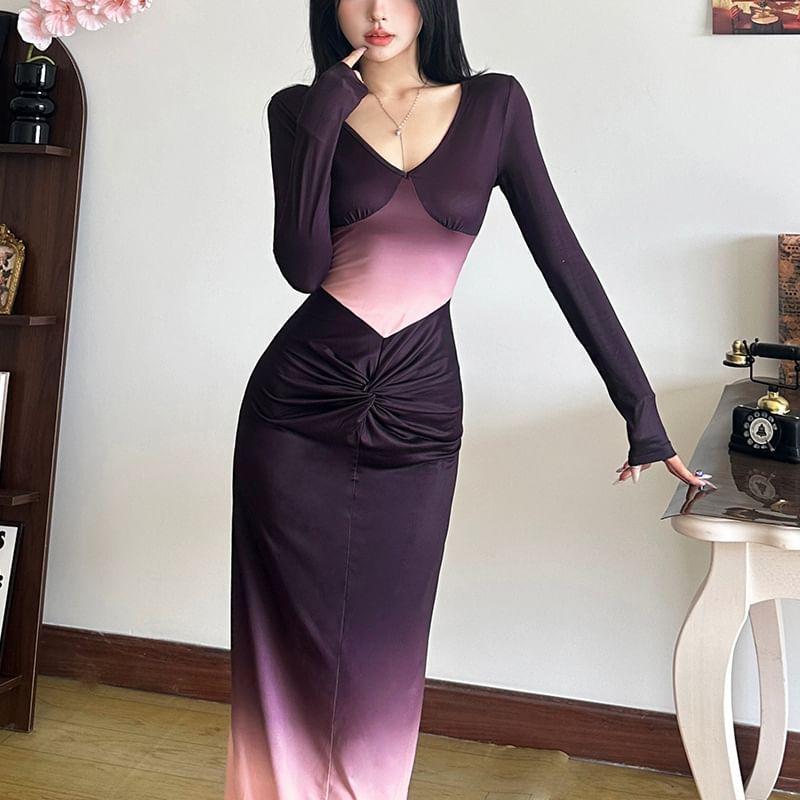 Long Sleeve V-Neck Gradient Ruched Maxi Sheath Dress Product Image