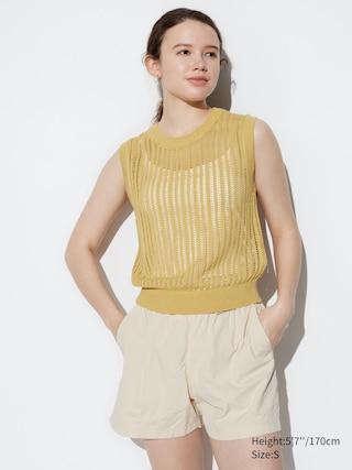 Womens Mesh Crew Neck Sleeveless Short Sweater Yellow 2XL UNIQLO US Product Image