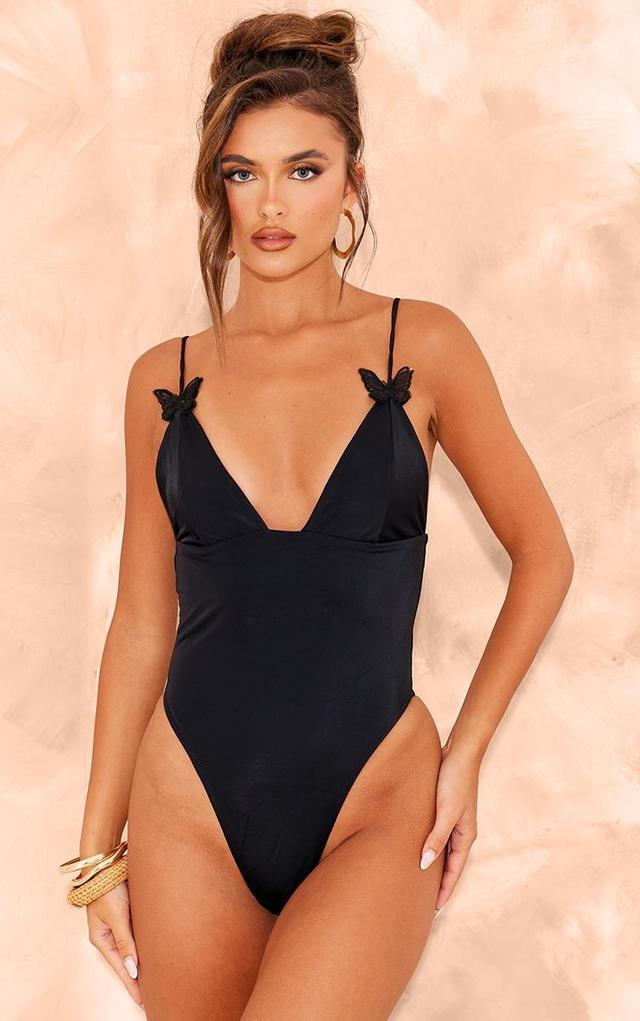 Black Butterfly Applique High Leg Swimsuit Product Image